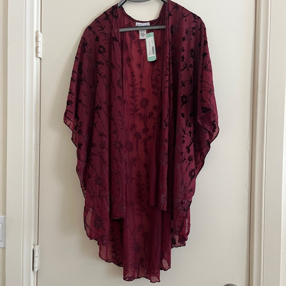 Emory Park Burnout Velvet Open Front Kimono 2XL Floral Red Whimsigoth Romantic